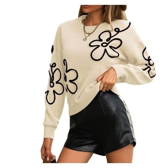 Floral Doodle Drop Shoulder Sweater Medium - Picture 2 of 5